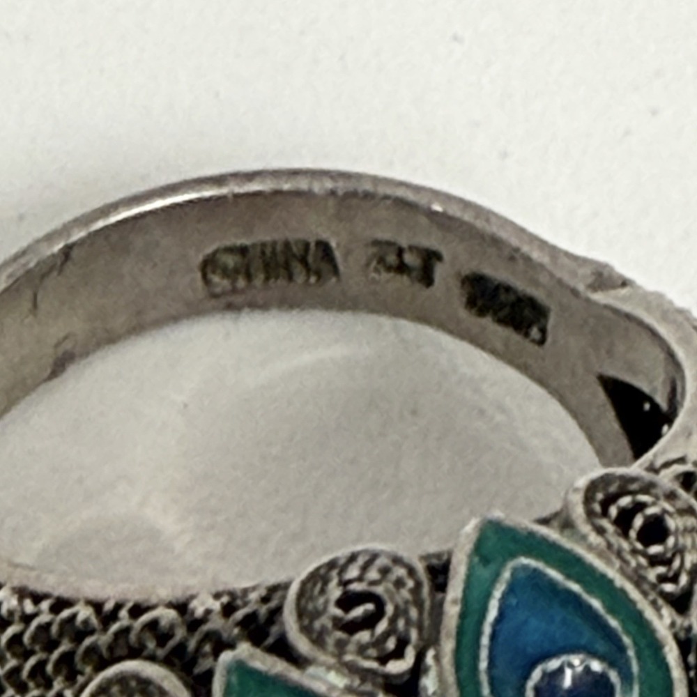 Vintage Chinese Export Sterling Filigree Enamel Carnelian Ring by BJ Size 7 - Picture 10 of 12